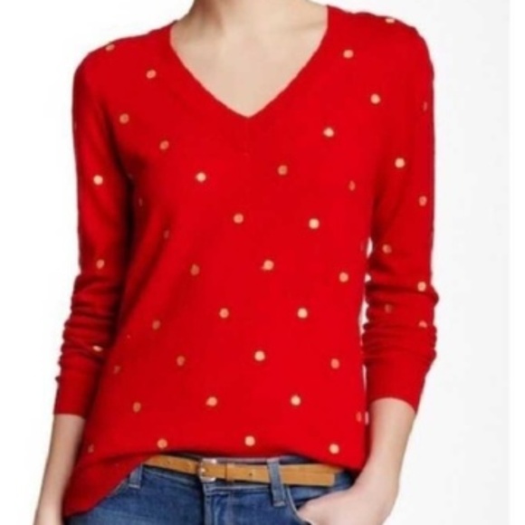 J. Crew Sweaters - J. Crew Red Sweater With Gold Polka Dots XS